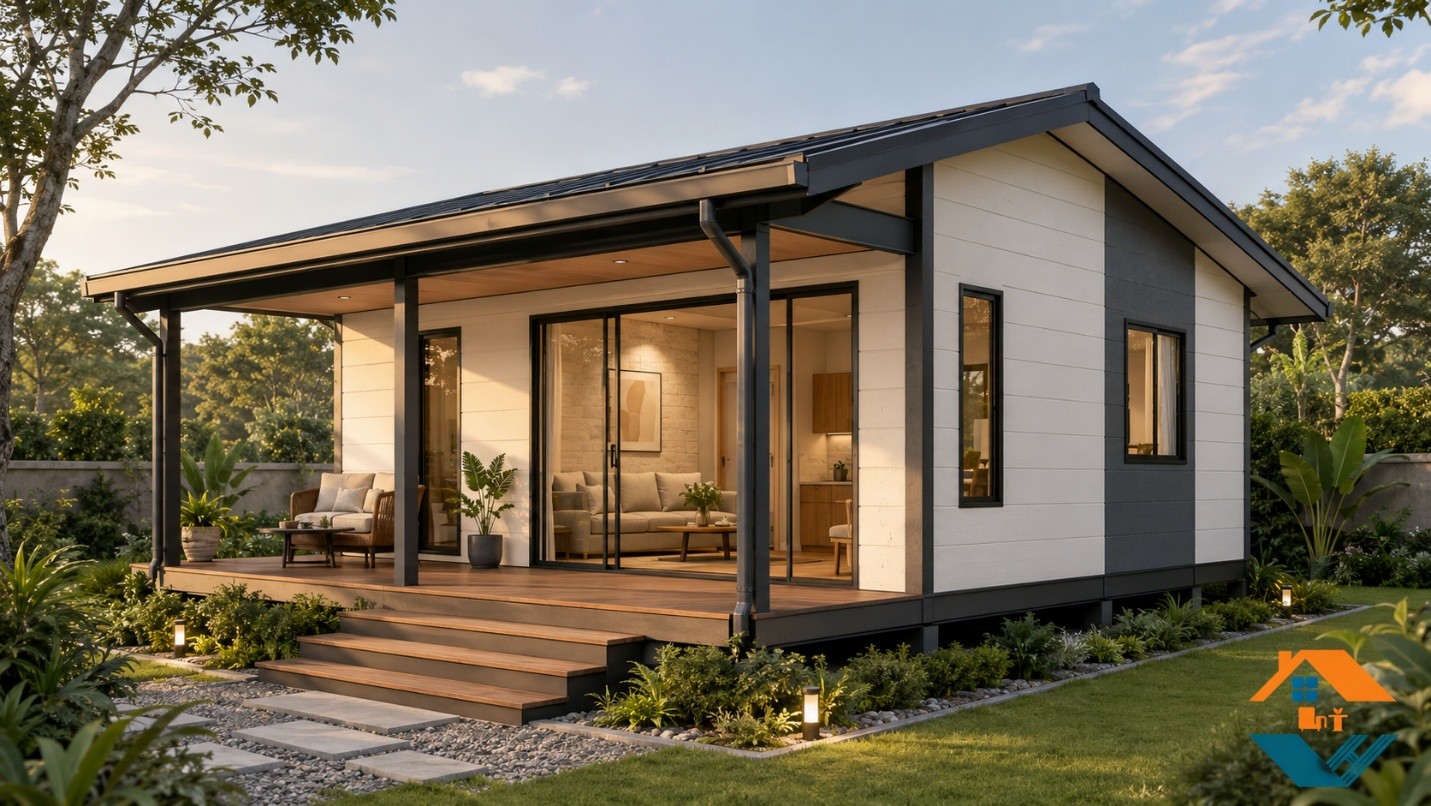 Mẫu Bungalow Khung Thép Ốp Shera Đẹp, Thi Công Nhanh Và Tiện Nghi